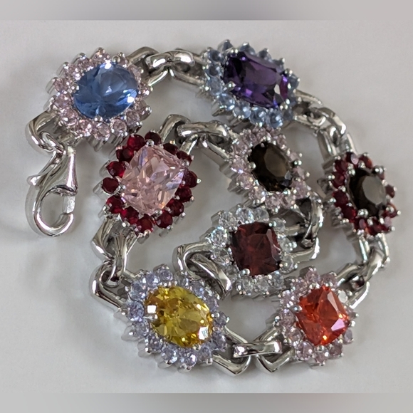 Charles Winston CWE Sterling Silver Rhodium Multi-Gemstone Halo Panel Bracelet 7 - Picture 3 of 8
